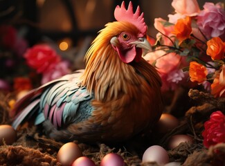 A beautiful chicken sits on a nest of branches. Easter photo wallpaper.