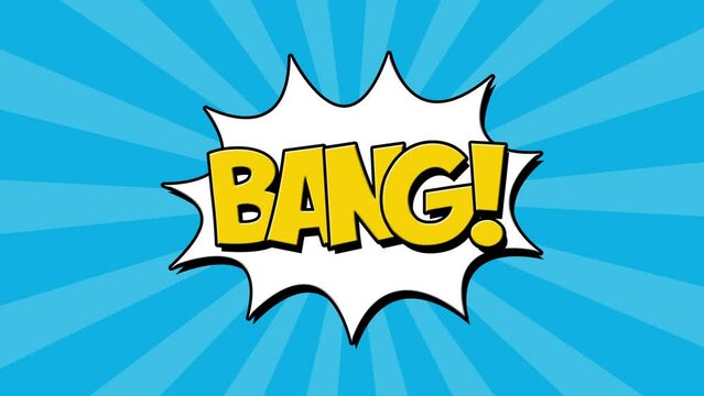 Bang Animated comic text. Pop art Vintage background. speech bubble and Blue rays background.