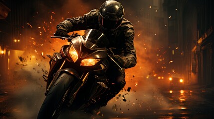 A male motorcyclist rides his motorcycle quickly down the street. Dynamic and extreme scene on a blurred abstract background. - obrazy, fototapety, plakaty