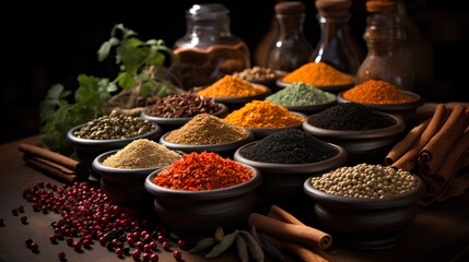 Fragrant multi-colored fragrant Indian spices and herbs. Theme of cooking from different countries.