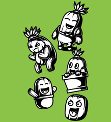 an illustration of a cactus mascot bundle in black and white