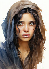 watercolor portrait of a young grieving Middle Eastern woman, black hair, headscarf, girl, sadness, emotions, facial expression, depression, mother, pain, longing, illustration, drawing, paints, fear