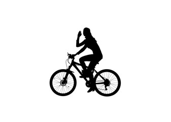 Fototapeta na wymiar Black silhouette of girl riding a bike and holding hand up, isolated on white background alpha channel.