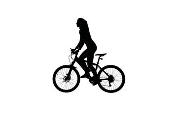 Black silhouette of girl riding a bike standing on pedals, isolated on white background alpha channel.