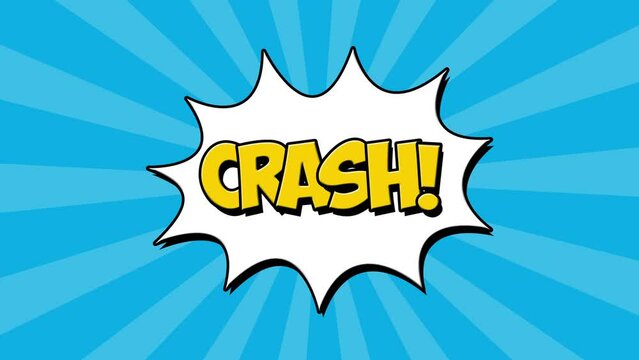 crash Animated comic text. Pop art Vintage background. speech bubble and Blue rays background.