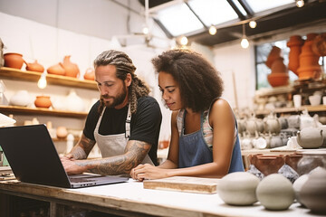 Two young shop owners using a laptop while working in a ceramic store, Female entrepreneurs managing online orders on their website, Young businesswomen running a creative small business together - obrazy, fototapety, plakaty
