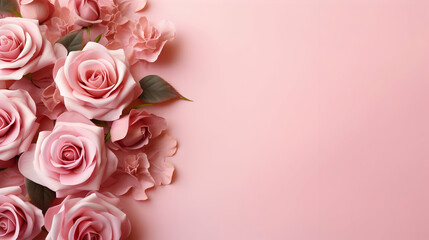 Roses on pink background with copy space. Abstract natural floral frame layout with text space,Generated by AI