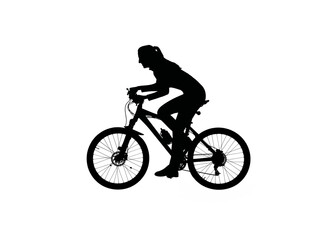 Obraz na płótnie Canvas Black silhouette of girl riding a bike in low bended position, isolated on white background alpha channel.
