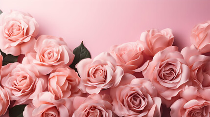 Roses on pink background with copy space. Abstract natural floral frame layout with text space,Generated by AI