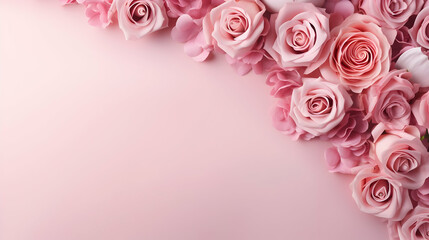 Roses on pink background with copy space. Abstract natural floral frame layout with text space,Generated by AI