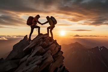 Two mountaineers offer helping hand on a rock ridge at sunrise above a valle - obrazy, fototapety, plakaty