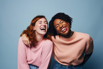 Two interracial best friends laughing and having a good time together in a studio
