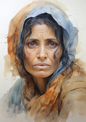 watercolor portrait of an elderly grieving Middle Eastern woman, black hair, headscarf, old age, mature person, sadness, emotions, facial expression, depression, wrinkles, pain, melancholy