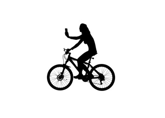 Black silhouette of girl on a bike recording selfie on smartphone isolated on white background alpha channel.