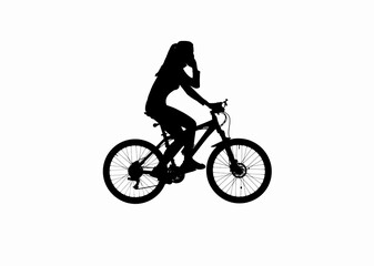 Black silhouette of female talking on smartphone riding a bike, isolated on white background alpha channel.