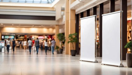 blank roll up banner mockup stand on public place