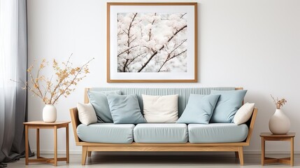 Intérieur de salon scandinave de printemps moderne. Canapé avec coussins en lin rayé bleu pâle. Fleurs de prunier cerisier dans un vase. IA générative, IA - obrazy, fototapety, plakaty