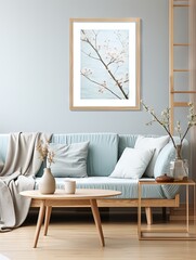 Intérieur de salon scandinave de printemps moderne. Canapé avec coussins en lin rayé bleu pâle. Fleurs de prunier cerisier dans un vase. IA générative, IA