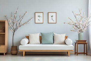 Intérieur de salon scandinave de printemps moderne. Canapé avec coussins en lin rayé bleu pâle. Fleurs de prunier cerisier dans un vase. IA générative, IA - obrazy, fototapety, plakaty