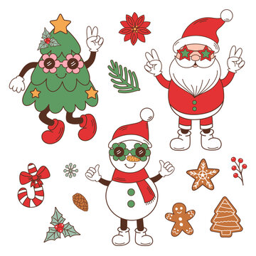 set of isolated groovy retro Santa, snowman, Christmas tree, gingerbread