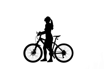 Black silhouette of girl standing with bike and looking up, isolated on white background alpha channel.
