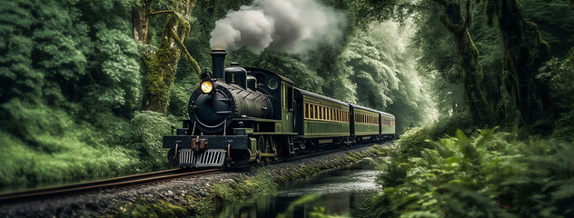 AI generative image of retro steam train chugging through the lush green woods