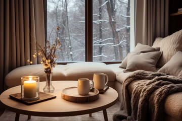 Cozy winter modern living room interior with a soft sofa by the window and cups of tea on the coffee table