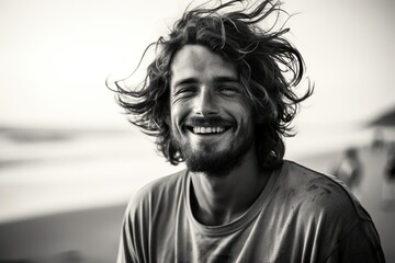 Black and white image of a smiling middle-aged homeless man against the backdrop of a natural beach