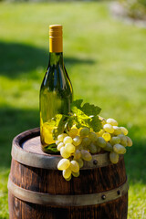 Wine bottle and grape on barrel