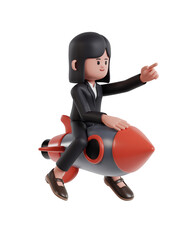 3d Illustration of Cartoon businesswoman riding a rocket while pointing forward