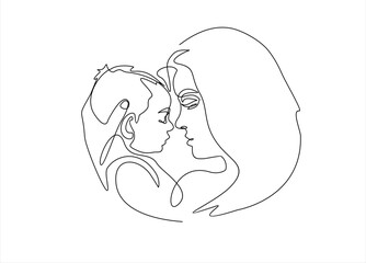 Happy Mother day card. Continuous one line drawing. Woman hold her baby. Vector illustration