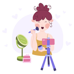 Beauty blogging concept. Recording makeup tutorial video and cosmetics review. Vector cartoon flat illustration.