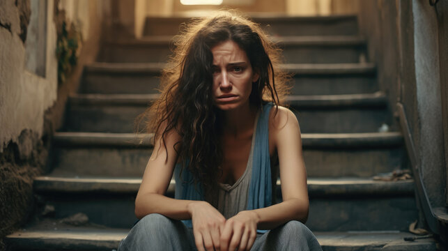 young european sad woman sitting on the stairs at home and crying, depression, grief, sadness, crisis, anxiety, melancholy, homeless girl, facial expression, emotions, pain, feelings, street, person