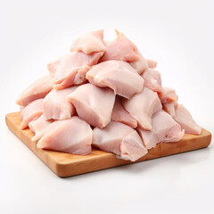 Raw chicken thigh meat without bone and without skin on a white background isolade.Close up, space for text, copyspace