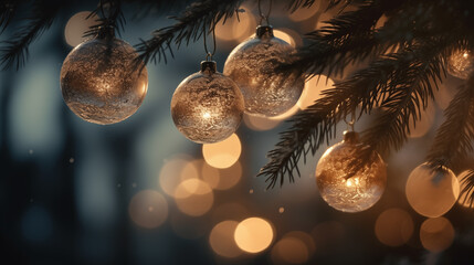 Christmas ornaments hanging on a Christmas tree with lights - Generative AI