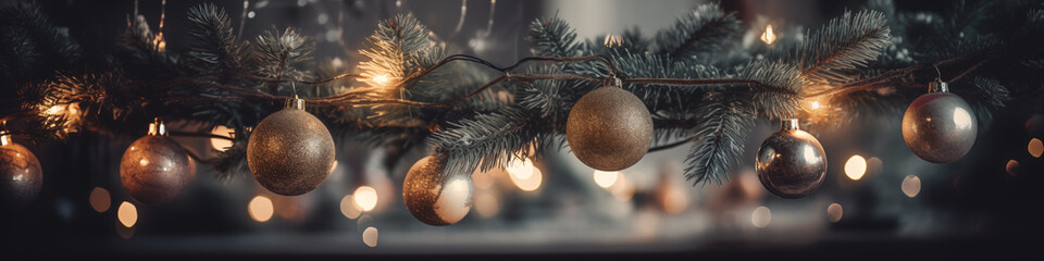 Christmas balls hanging on a Christmas tree with lights - Banner format - Generative AI