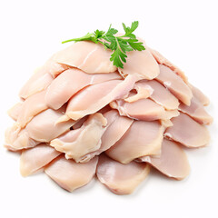 Raw chicken thigh meat without bone and without skin on a white background isolade.Close up, space for text, copyspace