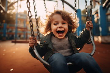 Kind schaukelt auf Spielplatz und hat Spaß