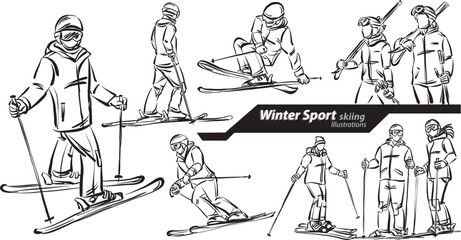 skiing people doodle set collection design drawing vector illustration - obrazy, fototapety, plakaty