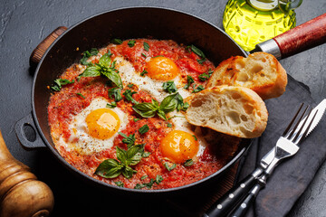 Delicious shakshuka breakfast in a pan