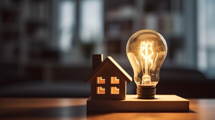 Light bulb with wood house on the table, a symbol for construction, Creative light bulb idea, power energy or business idea concept ecology, loan, mortgage, property or home. - obrazy, fototapety, plakaty
