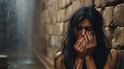 dark-haired Middle Eastern young woman covers her mouth with her hands and grieves among the stone walls, ruins, war, depression, fear, grief, pain, scared girl, emotion, facial expression, ruins - obrazy, fototapety, plakaty