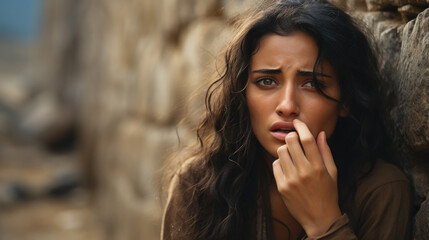 dark-haired Middle Eastern young woman covers her mouth with her hands and grieves among the stone walls, ruins, war, depression, fear, grief, pain, scared girl, emotion, facial expression, ruins