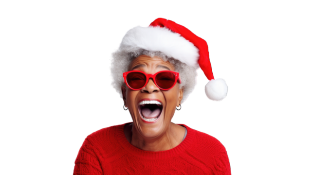 Close up portrait of mature black woman wearing Santa Claus hat during Christmas. Transparent background or PNG file. Generated by AI 