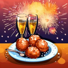 Foto op Plexiglas Dutch oliebollen and champagne wit fireworks at new years eve, vector image © RobsArt
