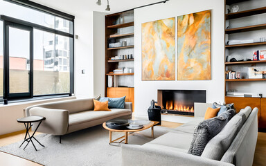 interior of a modern apartment, living room with sofa and fireplace