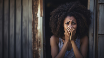 upset black young woman grieving and covering her mouth with her hands, depression, fear, anxiety, grief, sadness, african american girl, portrait, emotional face, expression, curly hair, female, eyes