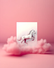 White horse galloping, creative composition, beauty of a noble animal, blank paper card in background.