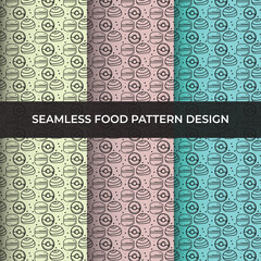 Vector food seamless patterns collection. Black and bright colorful background swatches