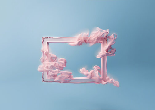 Pink picture frame on pastel blue background with abstract pink cloud shapes. Minimal border composition.